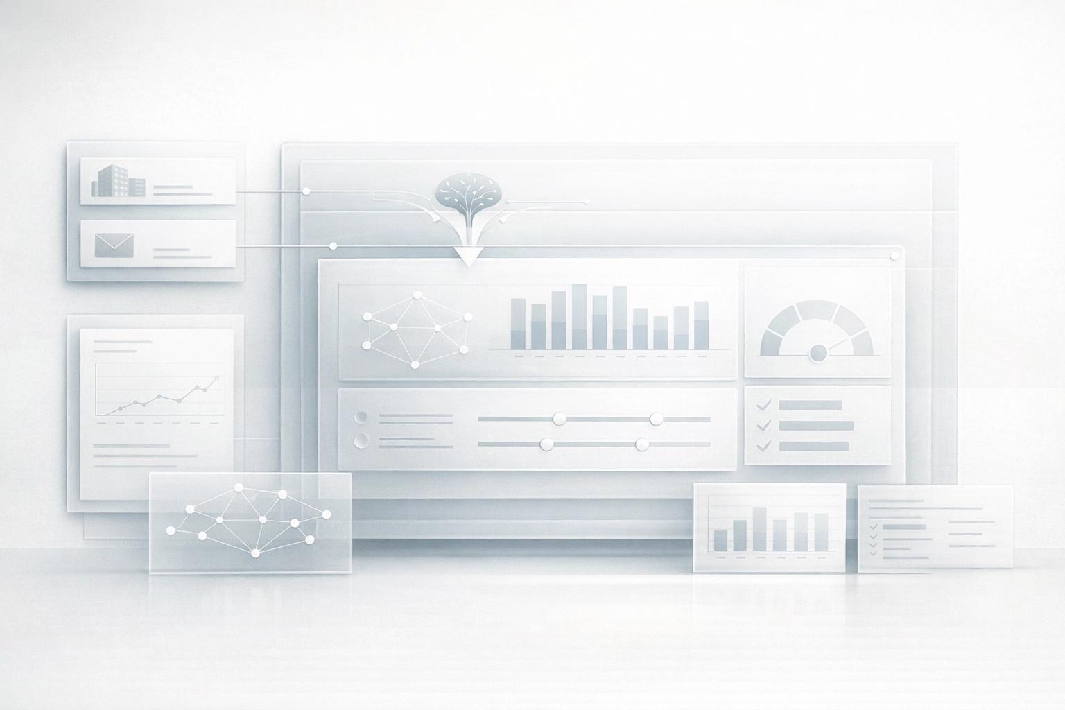 Light AI readiness analysis surface with evaluation panes and capability signals