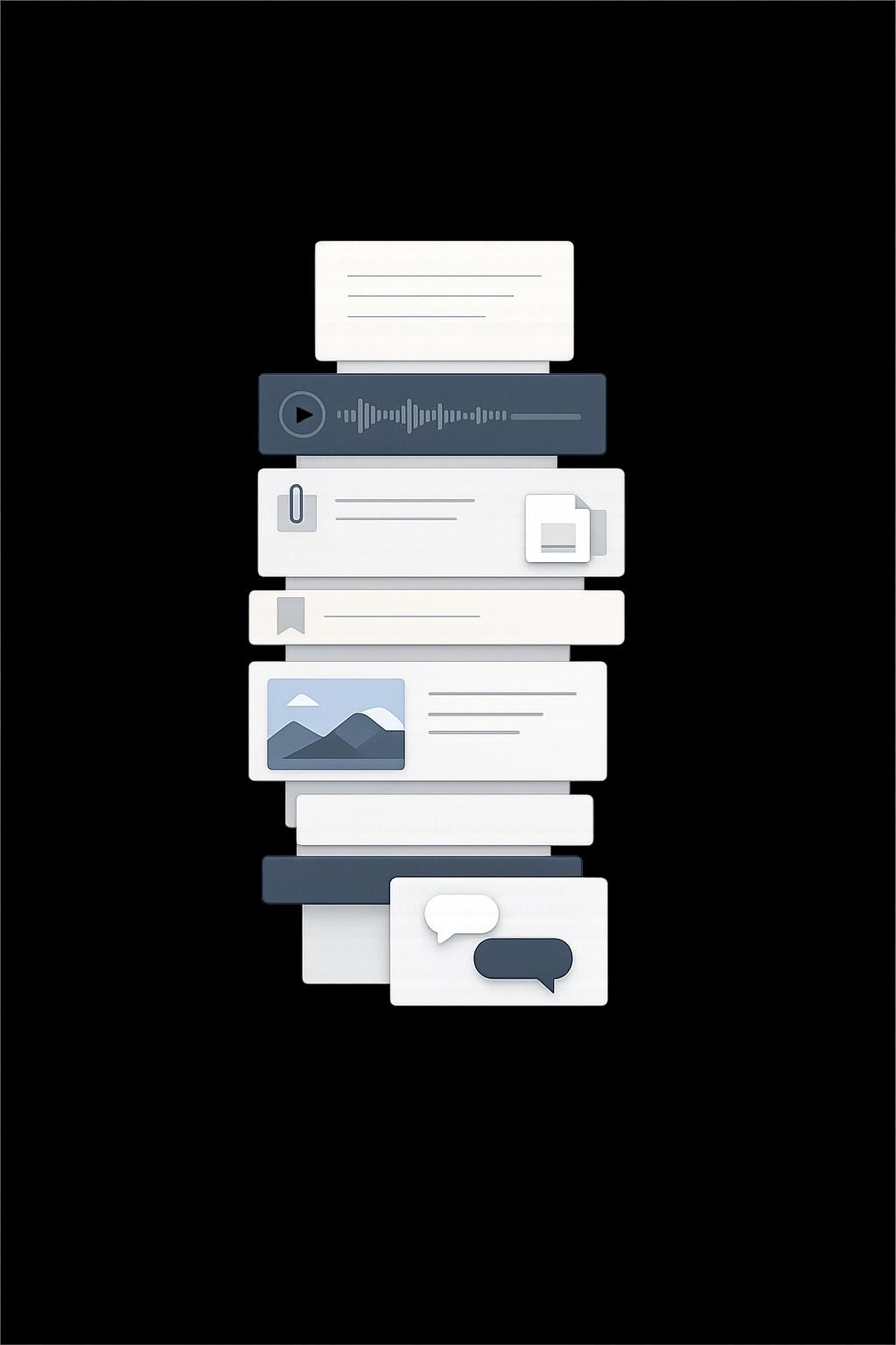 Layered Losi Spaces context stack with files, notes, voice snippets, and messages