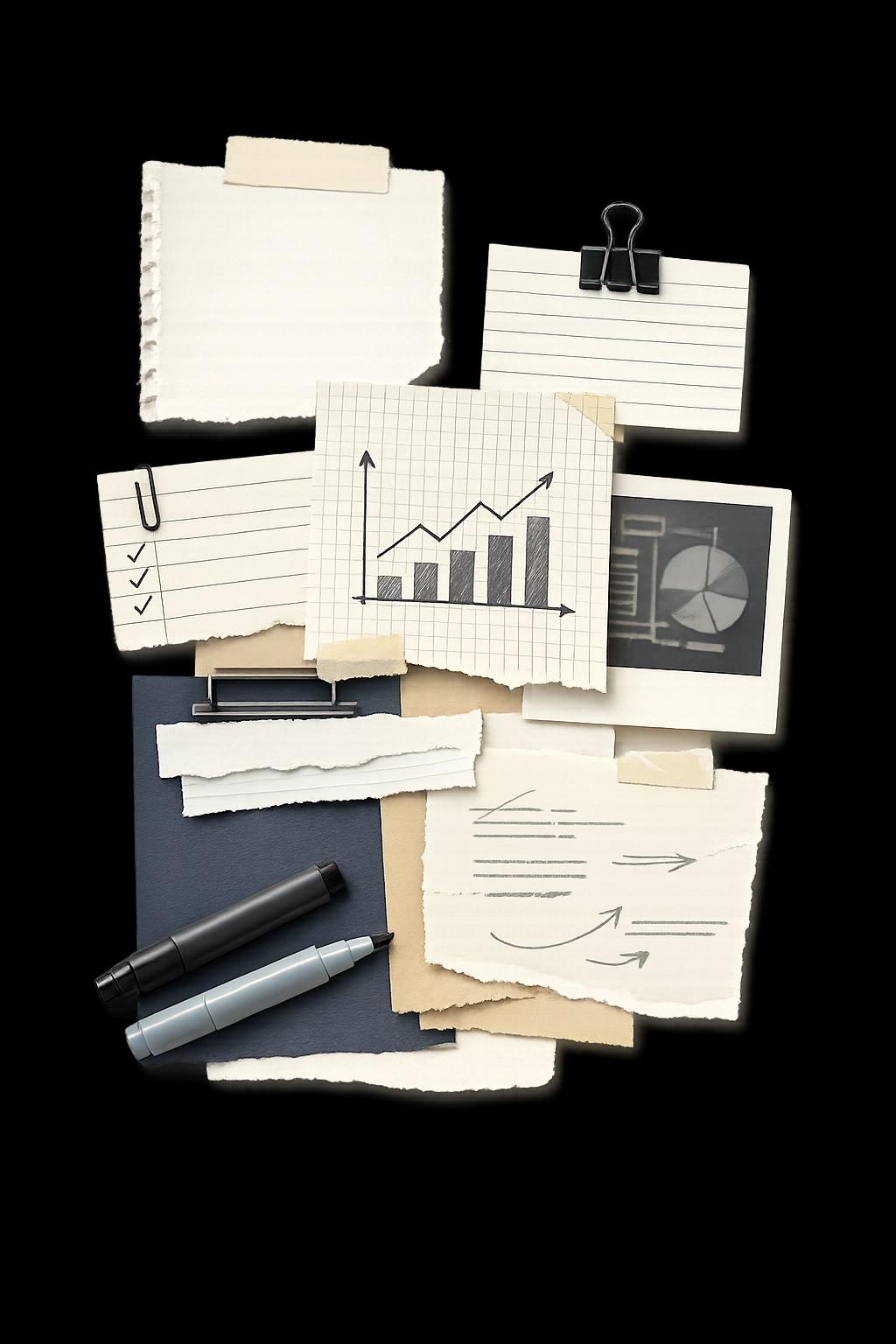 Editorial collage of notes, charts, and research fragments