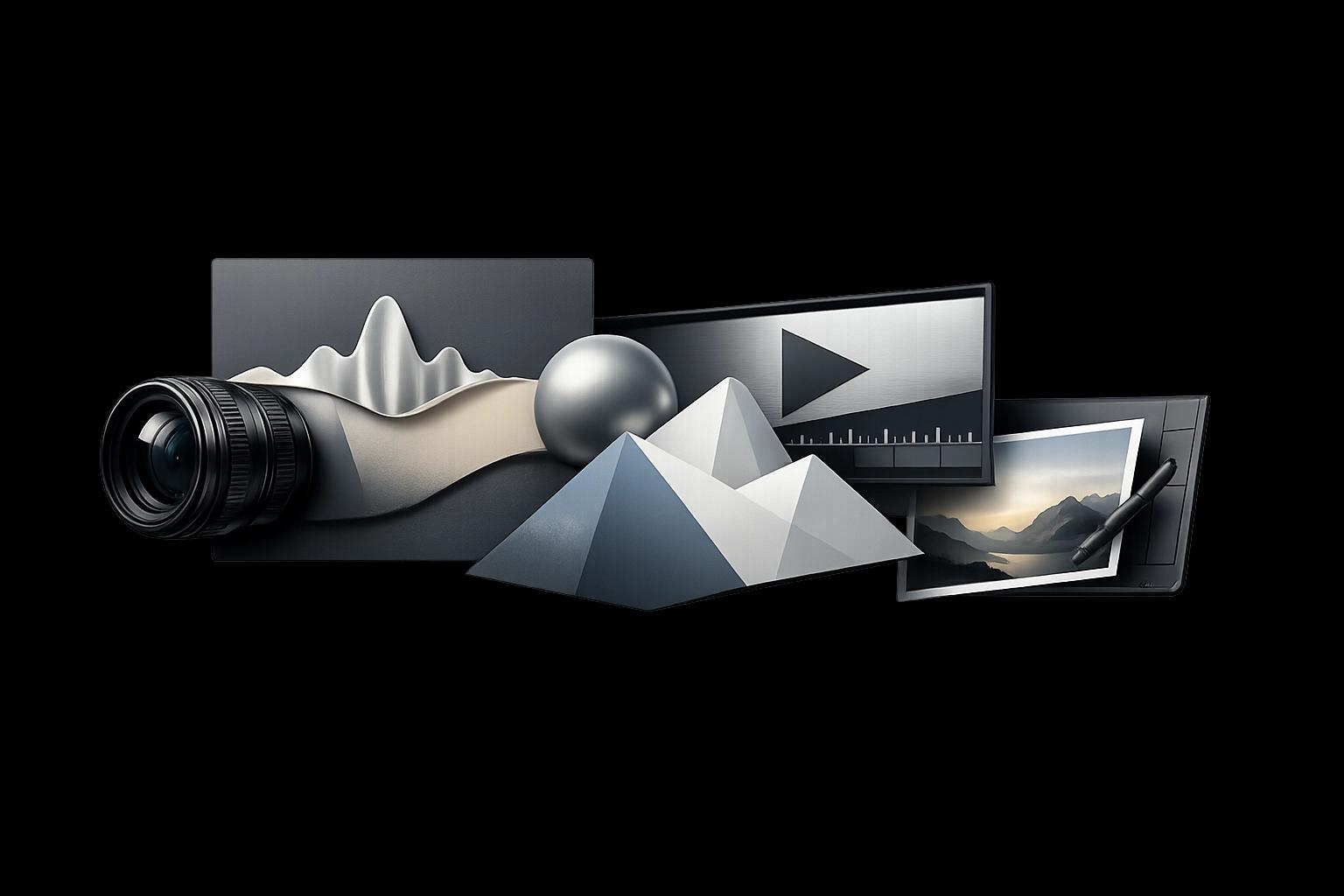 Creative studio fragment composition with camera, waveform, and 3D forms