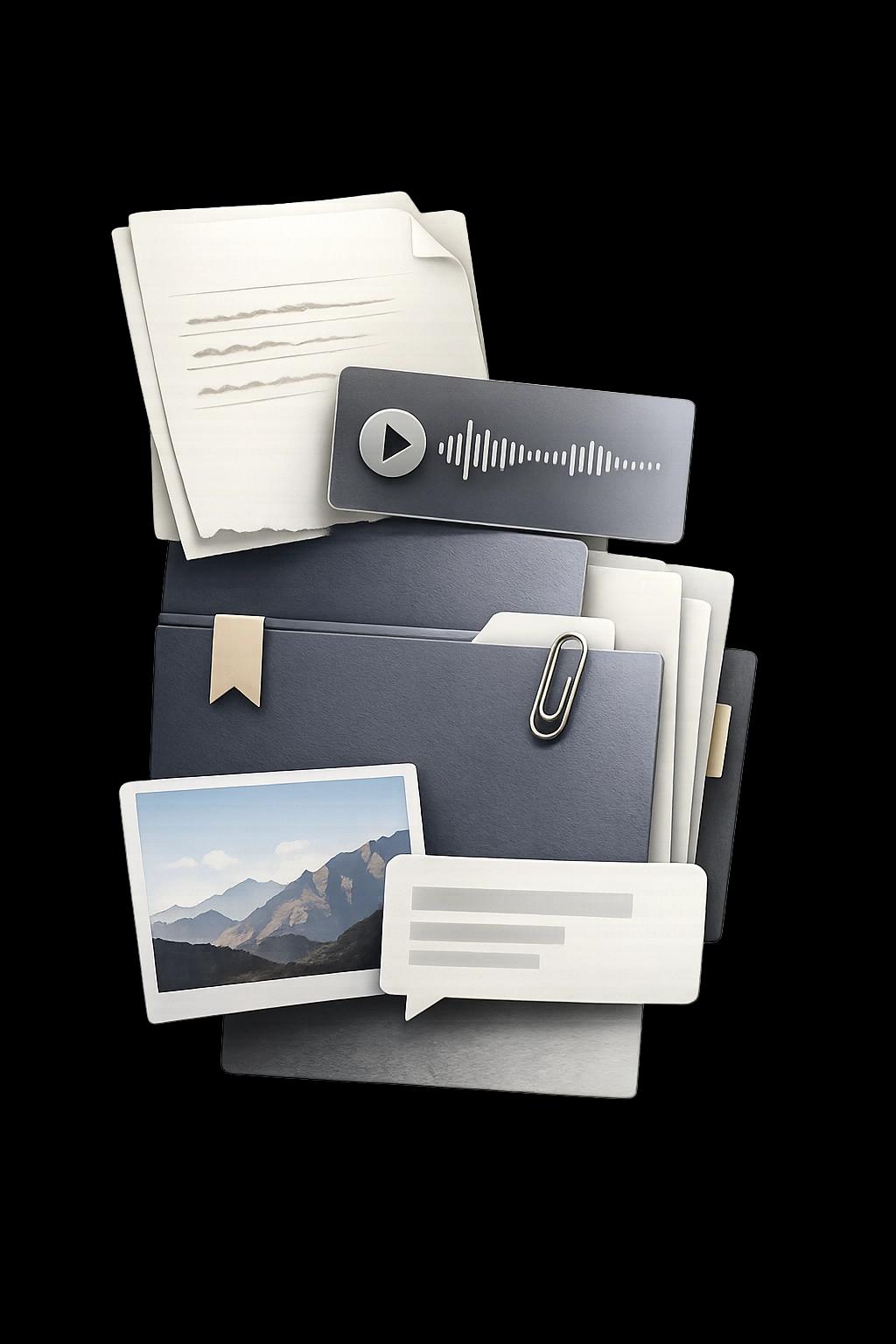 Layered Losi Spaces context stack with files, notes, voice snippets, and messages